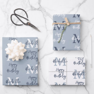 Monogram Name Initial Pattern Happy Birthday Blue Wrapping Paper Sheet