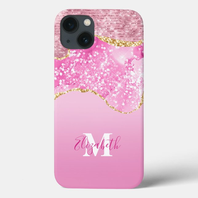 Monogram Name Initial Pink Gold Glam Bling Glitter Case-Mate iPhone Case (Back)