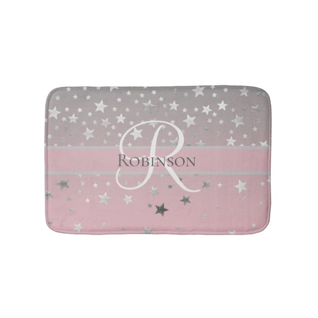 Monogram Name Initial Pink Grey Silver Trendy Bath Mat (Front)