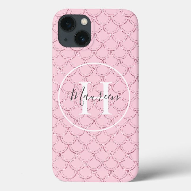 Monogram Name Initial Pink Mermaid Scales Trendy Case-Mate iPhone Case (Back)