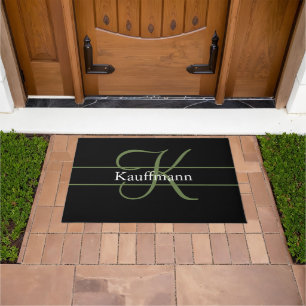 Monogram Name Initial Script Black Green White Doormat