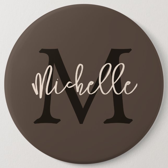 Monogram Name Initial Script Cream Brown 6 Cm Round Badge (Front)