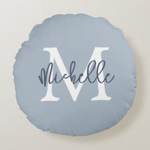 Monogram Name Initial Script Dusty Blue Round Cushion