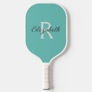 Monogram Name Initial Teal Green Blue Grey White Pickleball Paddle