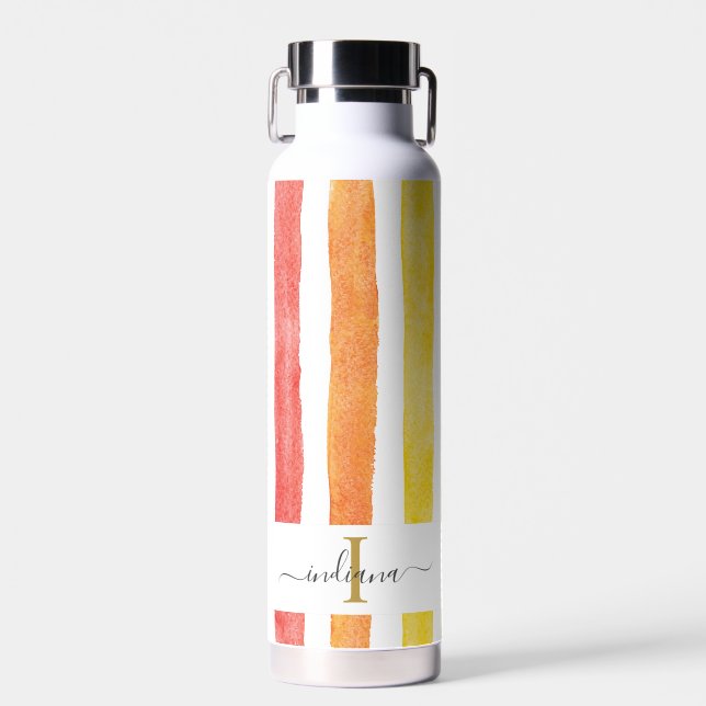 Monogram Name Initial Watercolor Rainbow Stripes Water Bottle (Front)