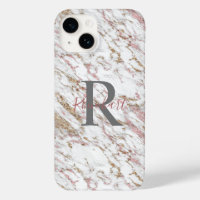 Monogram Name Initial White Grey Gold Pink Marble 
