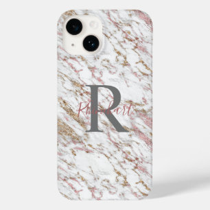 Monogram Name Initial White Grey Gold Pink Marble  Case-Mate iPhone 14 Case