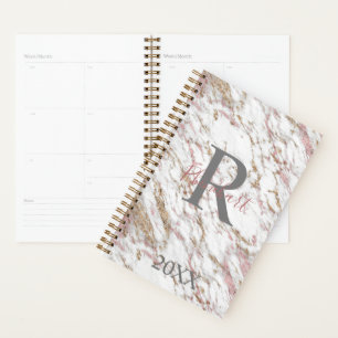Monogram Name Initial White Grey Gold Pink Marble  Planner