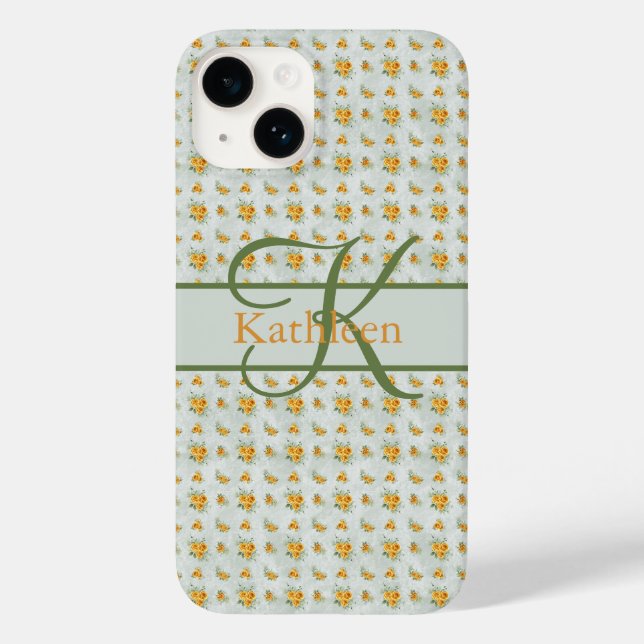 Monogram Name Initial Yellow Green Floral Case-Mate iPhone Case (Back)