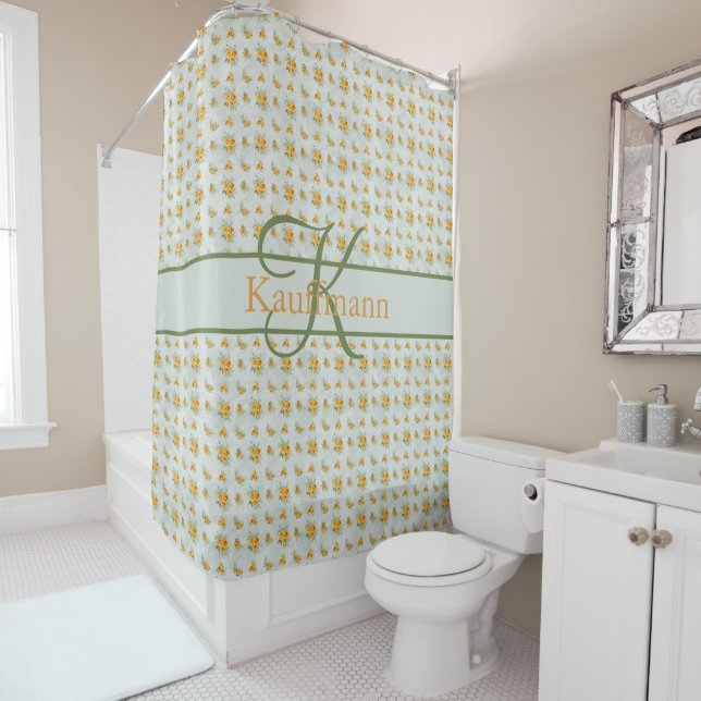 Monogram Name Initial Yellow Green Floral Shower Curtain (In Situ)