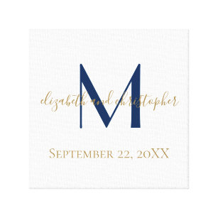 Monogram Name Initials Blue Gold Wedding Date Gift Canvas Print