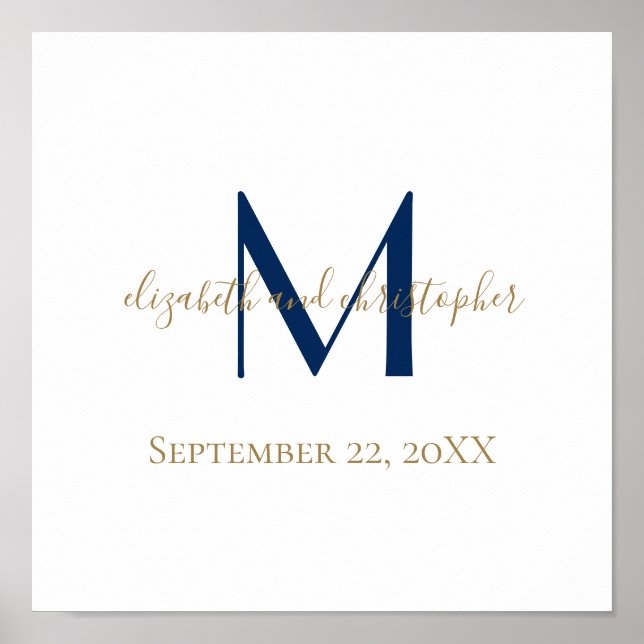 Monogram Name Initials Blue Gold Wedding Date Gift Poster (Front)
