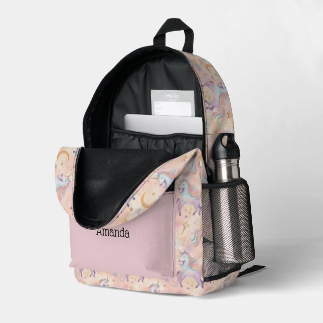 Monogram Name Initials Pastel Unicorns Girls Printed Backpack (Back Corner Right (Open))