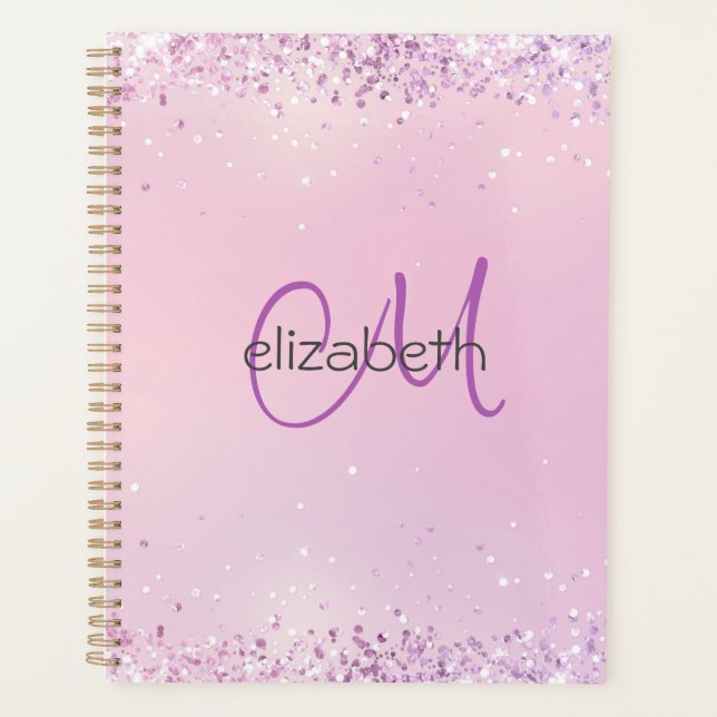 Monogram Name Initials Pink Purple Glitter Planner (Front)
