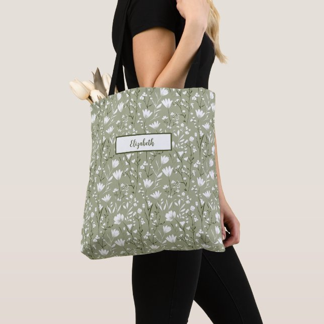 Monogram Name Initials Sage Green White Floral Tote Bag (Close Up)