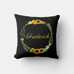 Monogram Name Initials Sunflowers Floral Black Cushion