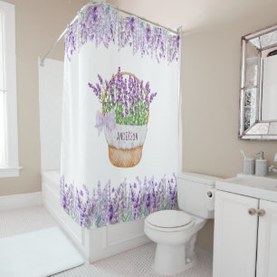 Monogram Name Lavender Flowers Basket Green Purple Shower Curtain