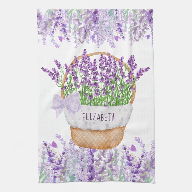 Monogram Name Lavender Flowers Basket Green Purple Tea Towel (Vertical)