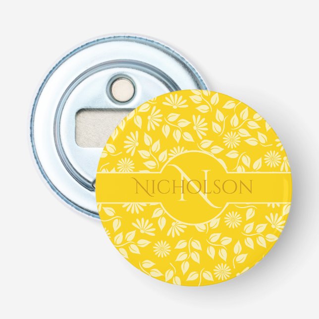 Monogram Name  Leaf Daisy Pattern Bright Yellow Bottle Opener (Front)