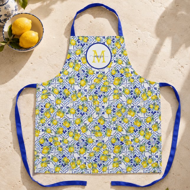 Monogram Name Lemon Blue French Country Tile  Apron (Creator Uploaded)