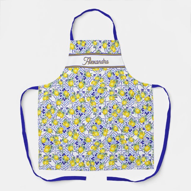 Monogram Name Lemon Blue French Country Tile  Apron (Front)