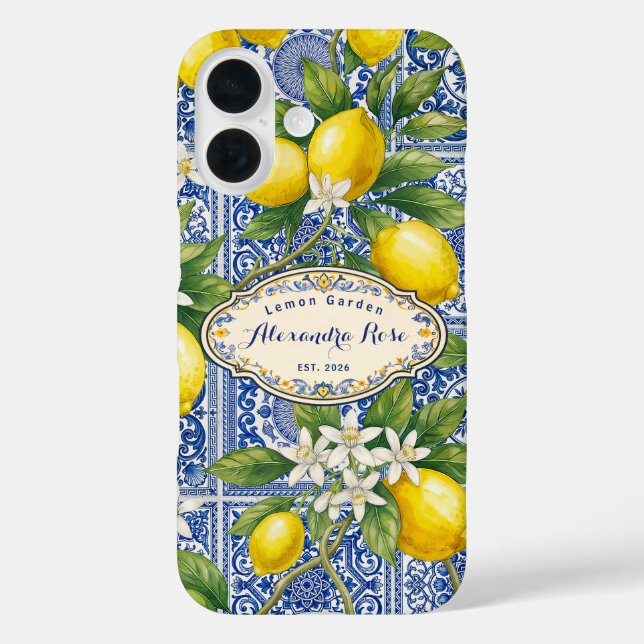 Monogram Name Lemon Blue French Country Tile  Case-Mate iPhone Case (Back)