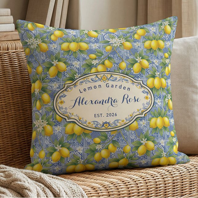 Monogram Name Lemon Blue French Country Tile  Cushion (Creator Uploaded)