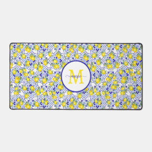 Monogram Name Lemon Blue French Country Tile Desk Mat