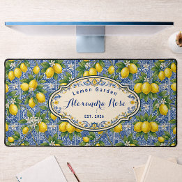 Monogram Name Lemon Blue French Country Tile Desk Mat