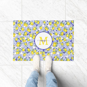 Monogram Name Lemon Blue French Country Tile  Doormat
