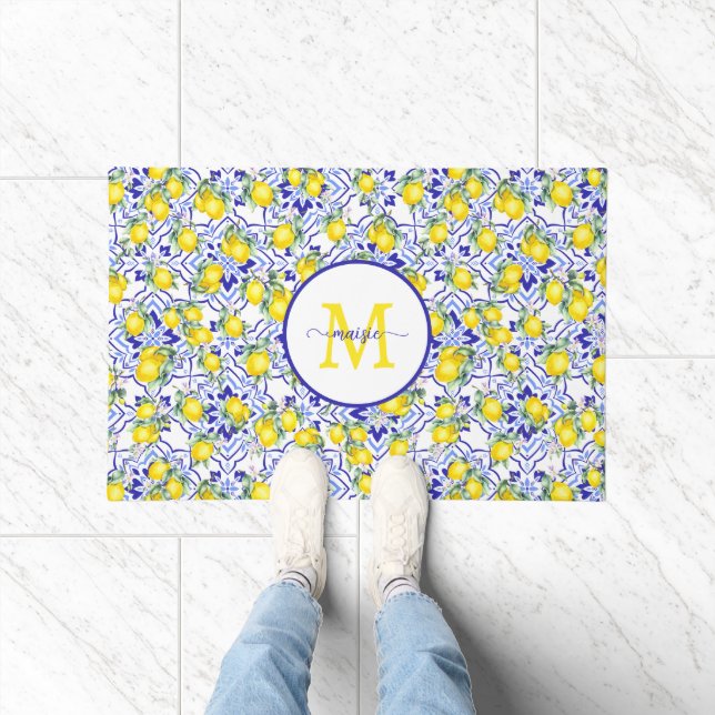 Monogram Name Lemon Blue French Country Tile  Doormat (Indoor)
