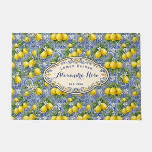 Monogram Name Lemon Blue French Country Tile  Doormat