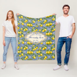 Monogram Name Lemon Blue French Country Tile Fleece Blanket