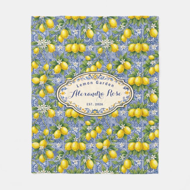 Monogram Name Lemon Blue French Country Tile  Fleece Blanket (Front)
