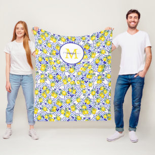 Monogram Name Lemon Blue French Country Tile  Fleece Blanket