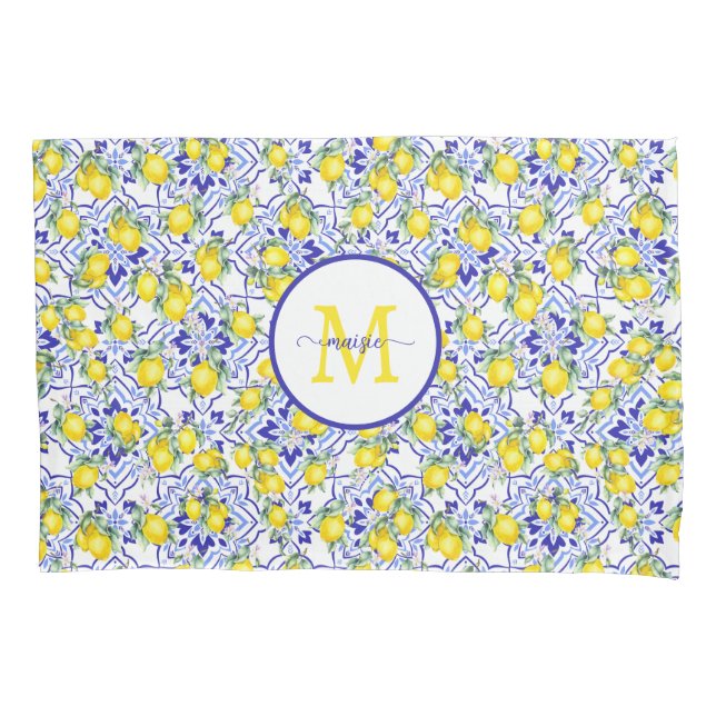 Monogram Name Lemon Blue French Country Tile  Pillowcase (Front)