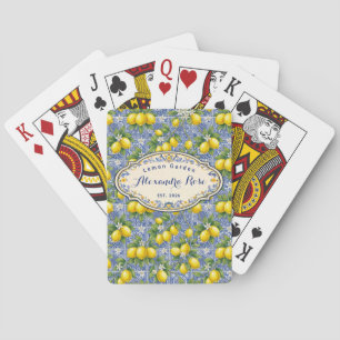 Monogram Name Lemon Blue French Country Tile  Playing Cards