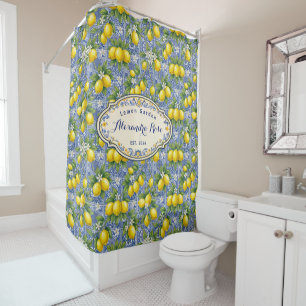 Monogram Name Lemon Blue French Country Tile  Shower Curtain