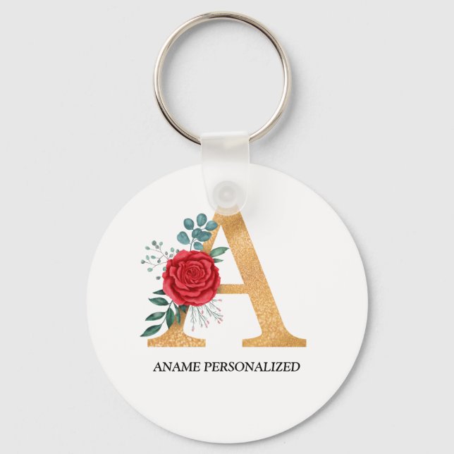 Monogram Name Letters Gold and red  Key Ring (Front)