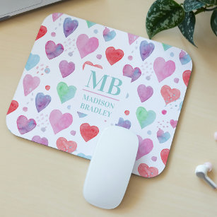 Monogram Name Love Heart Watercolor Girly Pattern Mouse Pad