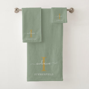 Monogram Name Minimalist Gold White Script Bath Towel Set