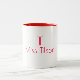 Monogram Name Minimalist Red Modern Teacher Two-Tone Coffee Mug