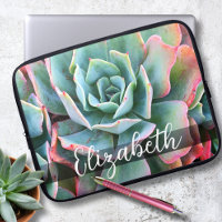 Monogram Name Mint Green Pink Cactus Photo Modern