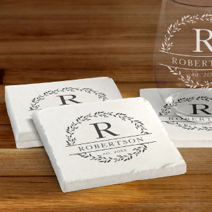 Monogram Name Modern Botanical Wreath Stone Coaster