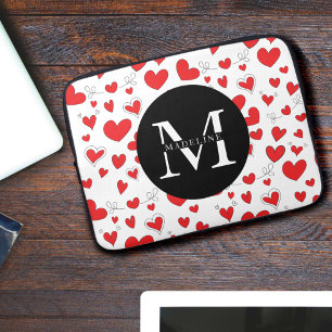 Monogram Name Modern Cute Red Heart Pattern Laptop Laptop Sleeve