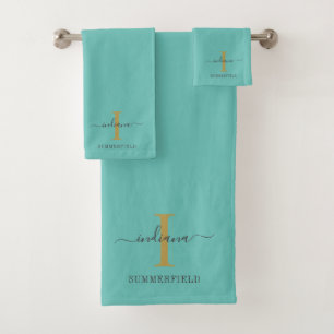Monogram Name Modern Minimalist Gold Grey Script Bath Towel Set