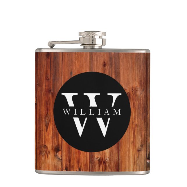 Monogram Name Modern Rustic Wood White Classy Hip Flask (Front)