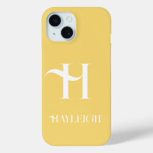 Monogram Name Modern Stylish Yellow iPhone 15 Case