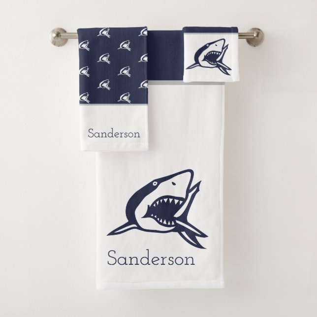 Monogram Name Nautical Shark Navy Blue | white Bath Towel Set (Insitu)