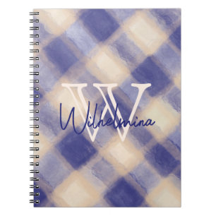 Monogram name navy blue cream gingham tartan plaid notebook
